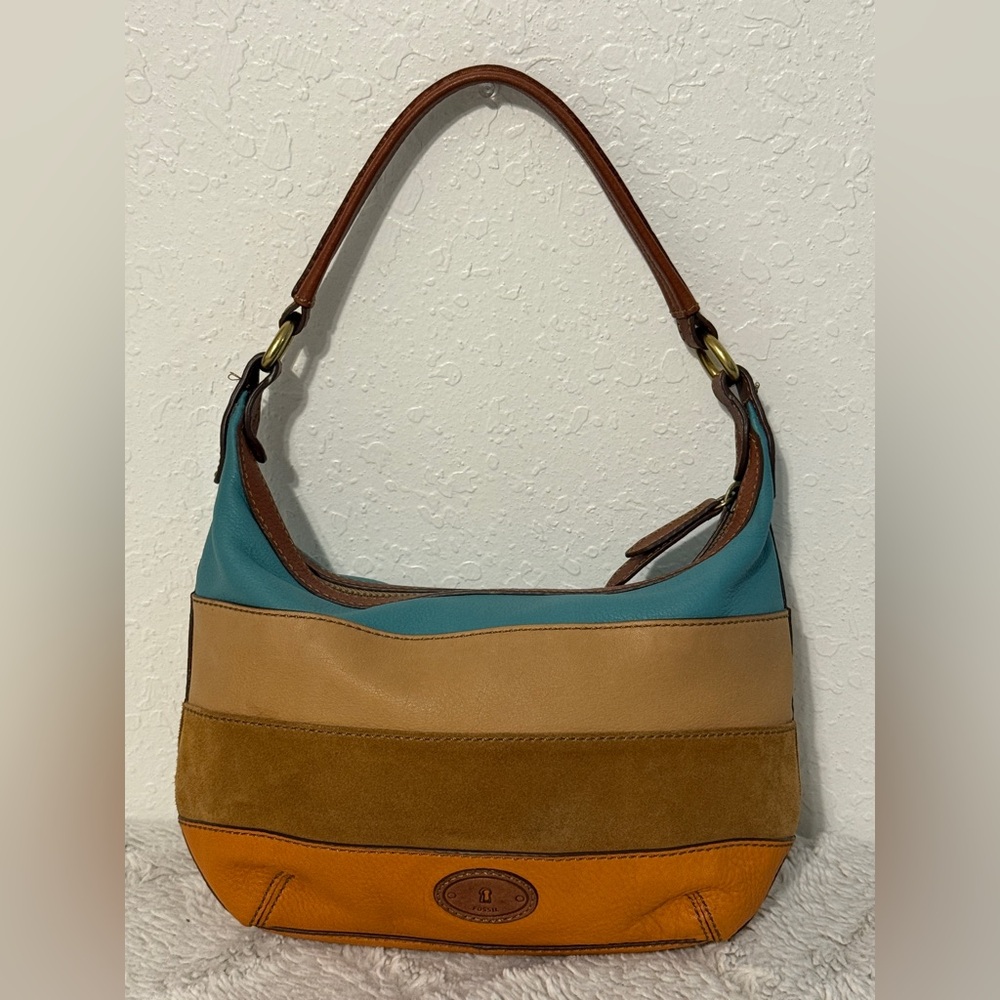 Fossil Tate Purse Handbag Hobo Bohemian Striped Genuine Cow Leather Earth Tones